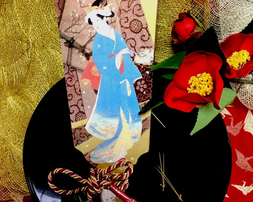 和モダンなリバーシブル元禄娘と桜柄 羽子板 オリジナル一点物台座付き