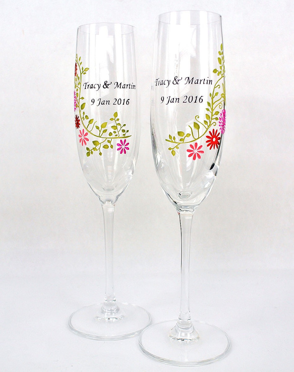 私たちのクリスタルシャンパングラス - カスタマイズされた春の花（パックの彫刻や絵画の名前日）ガラス水晶結婚祝い記念日の贈り物 2枚目の画像