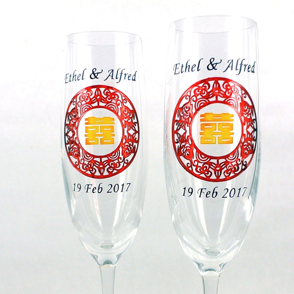 我們的水晶香檳杯 - Double Happiness(包雕刻彩繪名字及日子) 結婚禮物 水晶酒杯 週年記念禮物 客制化 第1張的照片