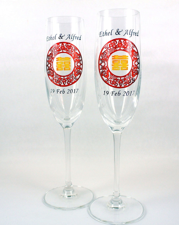 我們的水晶香檳杯 - Double Happiness(包雕刻彩繪名字及日子) 結婚禮物 水晶酒杯 週年記念禮物 客制化 第2張的照片