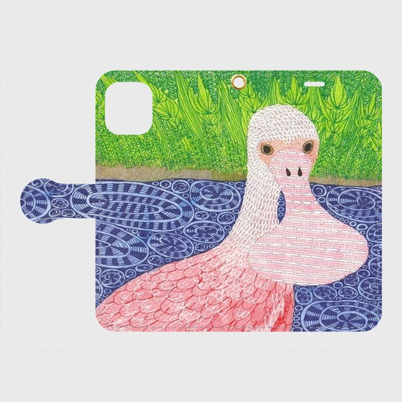 バラ色のスプーンを持つ鳥/手帳型iPhoneケース/スマホケース/ベニヘラサギ とり 1枚目の画像