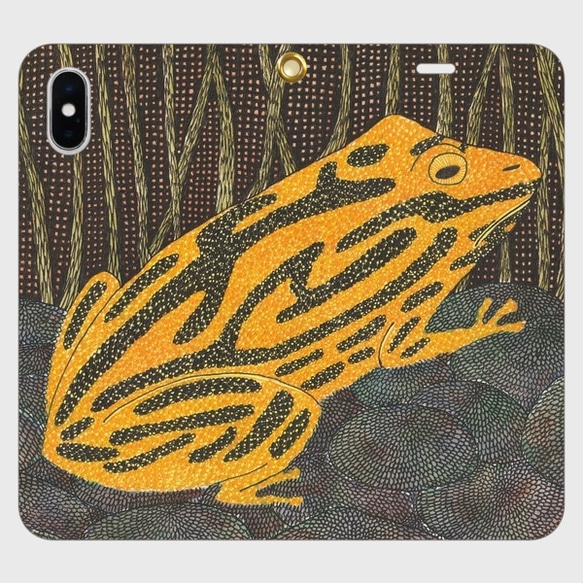 帯なし手帳型iPhoneケース/スマホケース/黄色と黒のカエル/コロボリーヒキガエルモドキ カエル 1枚目の画像