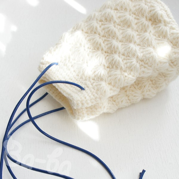 ばあば作、knit巾着（松編み・きなり・KP2) 3枚目の画像
