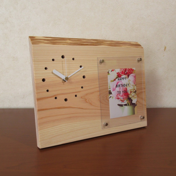 フォトフレーム付き木製時計　桧22（置き時計） 5枚目の画像