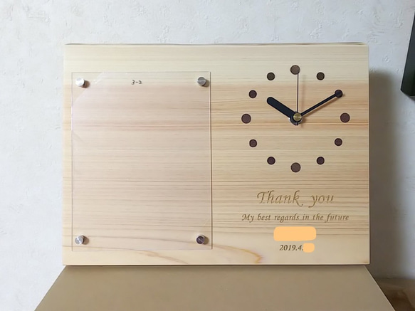 フォトフレーム付き木製時計　桧22（置き時計） 8枚目の画像