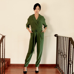 墨綠色 時尚西裝領 闊腰帶圓扣 連身褲 連身褲 第7張的照片