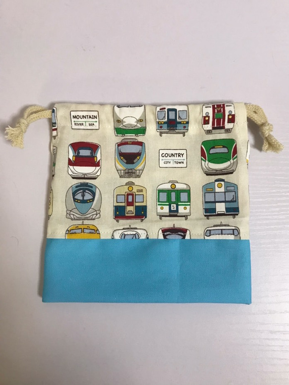 コップ袋 電車柄 男の子用 水色 通園通学グッズ 入園グッズ 4枚目の画像