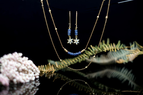 天然藍寶石 雙環鎖骨鍊與鋯石耳環套組 第2張的照片