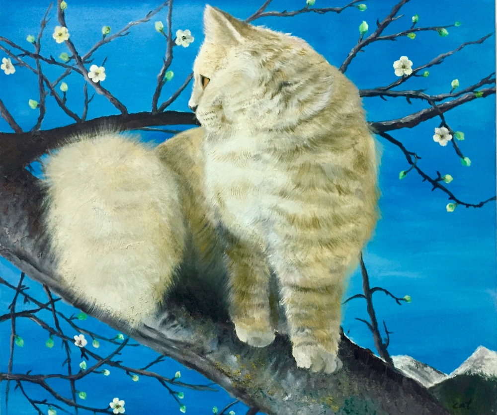 油彩画 寝てる猫
