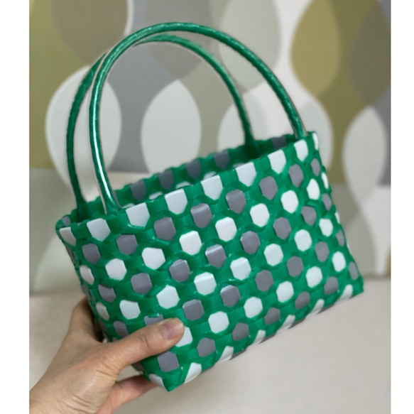 受注制作】ミニサイズ水玉プラカゴバッグ ☆水玉グリーン