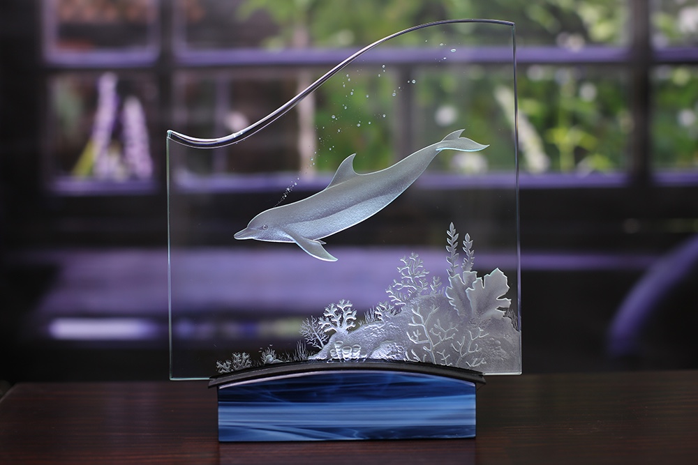 コーラル・ブルー　LED照明付きエッチングガラスパネルオブジェ