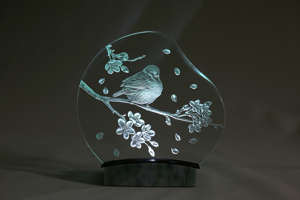 春の雀　LED照明付きエッチングガラスパネルオブジェ