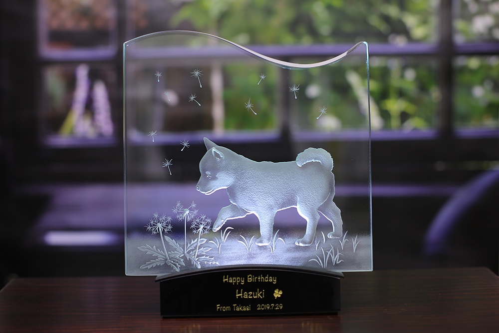 豆柴のおさんぽ　LED照明付き　エッチングガラス パネルオブジェ