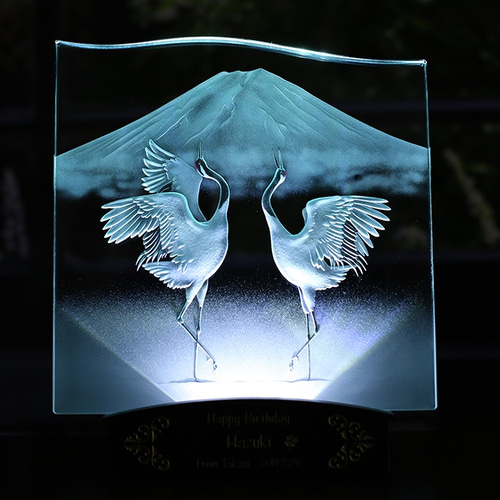 丹頂鶴に富士山 LED照明付き エッチングガラス パネルオブジェ お正月
