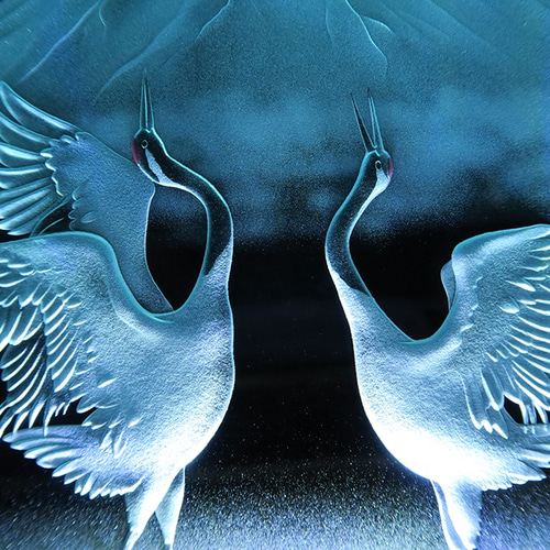 丹頂鶴に富士山 LED照明付き エッチングガラス パネルオブジェ お正月