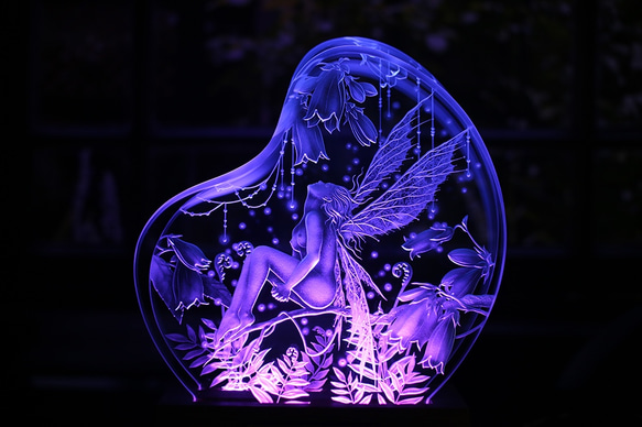 妖精「I Wish」　LED照明付き　エッチングガラス パネルオブジェ 4枚目の画像
