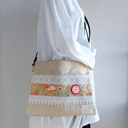 刺繍リボンを使ったサコッシュ　倉敷帆布　11号　アイボリー　ベージュ　レース　akaneko 1枚目の画像