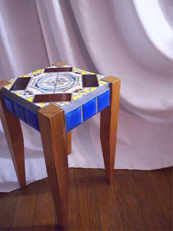 スペイン製 スツール 花台 タイル ヴィンテージ チェア インテリア IZ