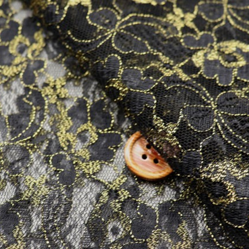 ラメ入りラッセルレース生地 花柄 黒×ゴールド （約108cm×約50cm