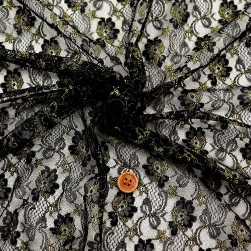 ラメ入りラッセルレース生地 花柄 黒×ゴールド （約108cm×約