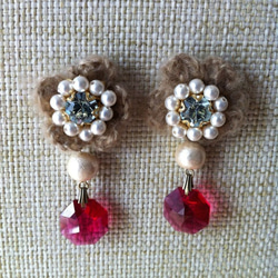 knit flower pierce* beige×pink 1枚目の画像