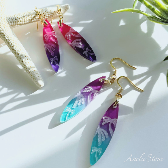 SURFBOARD -ヤシの木- サージカルステンレスピアス/イヤリング 1枚目の画像