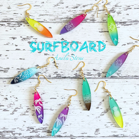 SURFBOARD -ヤシの木- サージカルステンレスピアス/イヤリング 2枚目の画像