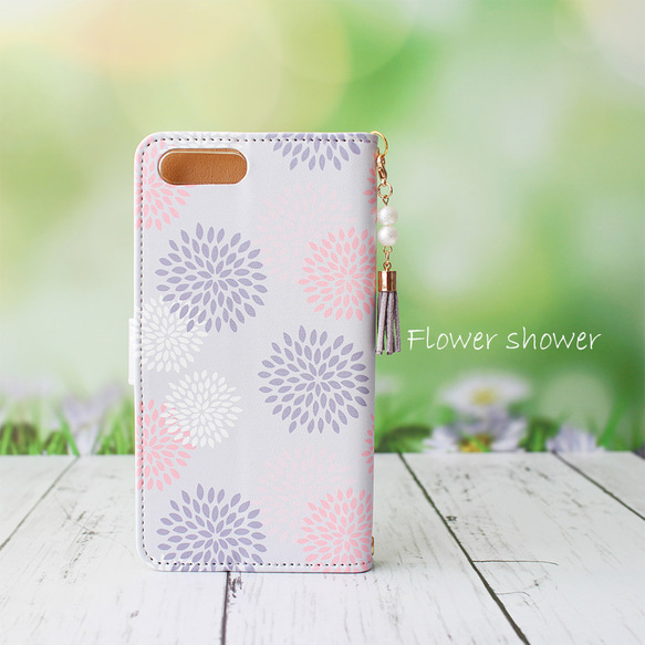 【iPhoneケース＊ミラー付オプション有】北欧風Flower Shower ピンク＆グレー★  手帳型スマホケース 2枚目の画像