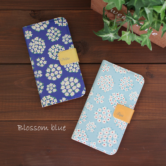 【名入れ可＊Android用カメラ穴付き手帳型スマホケース 】Blossom Blue ほぼ全機種対応 1枚目の画像