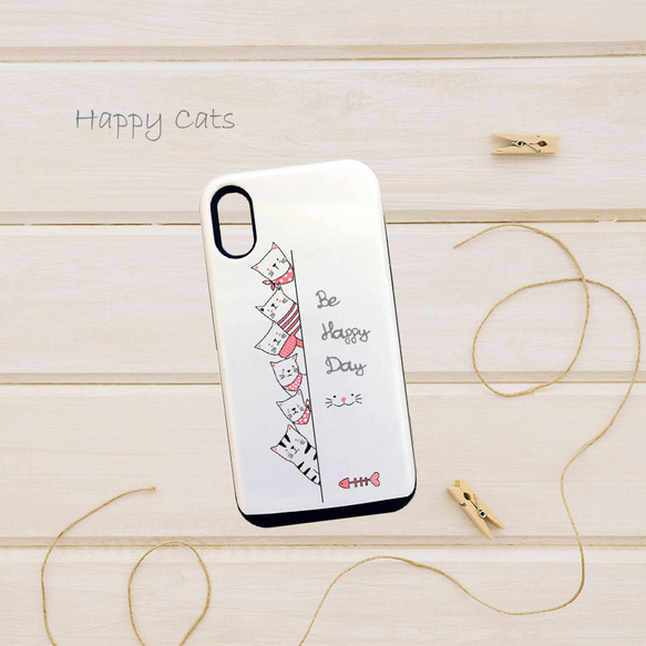 【ICカード収納 スライド型耐衝撃iPhoneケース】Happy Cats ★ iPhoneほぼ全機種対応スマホケース 1枚目の画像