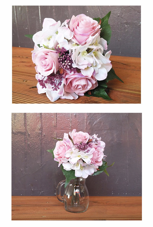 バラとアジサイの花のブーケ / イミテーションフラワー / フラワーデコレーション 2枚目の画像
