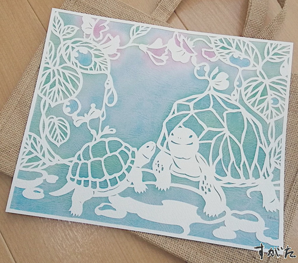 【原画・額装】カメと豆の花【パステル白切り絵】送料無料 3枚目の画像