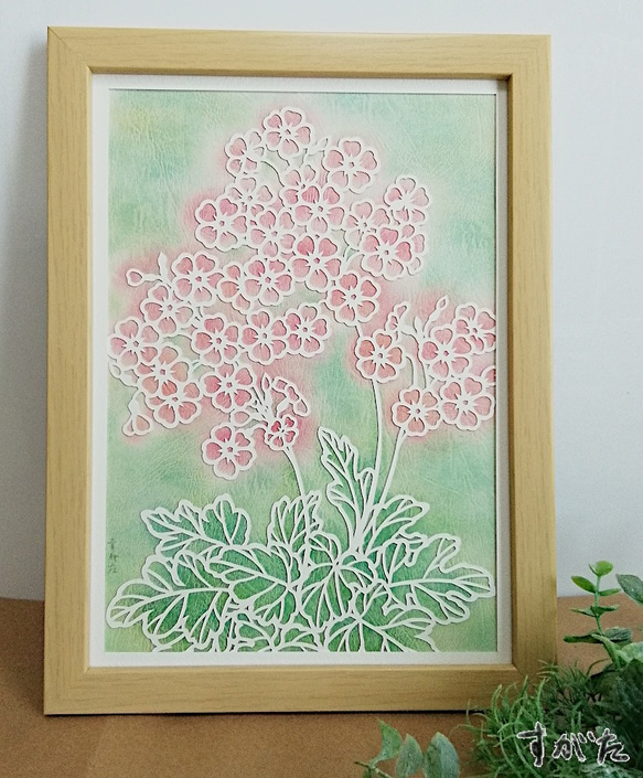 原画・額装】雲南さくら草 A4【パステル白切り絵】送料無料 切り絵 す