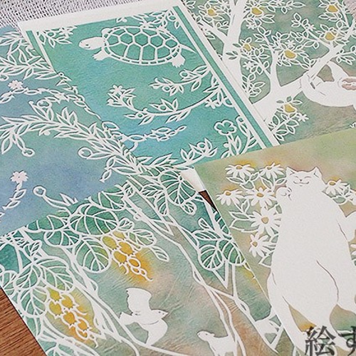 ポストカードセット・白切り絵5枚（複製、水彩紙、純正インク） ポスト 