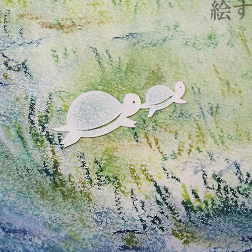 原画】草原のカメ A4【パステル＋切り絵】送料無料 絵画 すがた 通販  