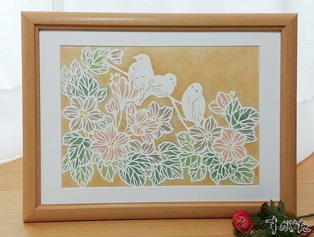 お話中 七五三 ハンドメイド 切り絵 アート作品現品1点のみ 花と鳥の