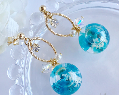 再* 深海の雪クリスタルハーバリウムピアス/イヤリング ピアス（フック