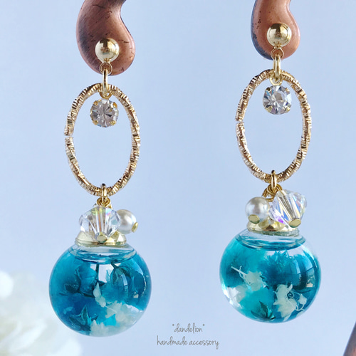 再* 深海の雪クリスタルハーバリウムピアス/イヤリング ピアス（フック