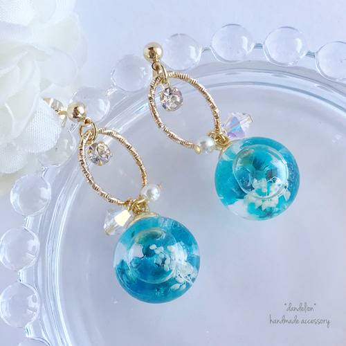 再* 深海の雪クリスタルハーバリウムピアス/イヤリング ピアス（フック