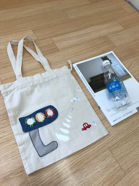 信号のエコ巾着袋 Mサイズ《刺繍＆手描き》★入園入学 2枚目の画像