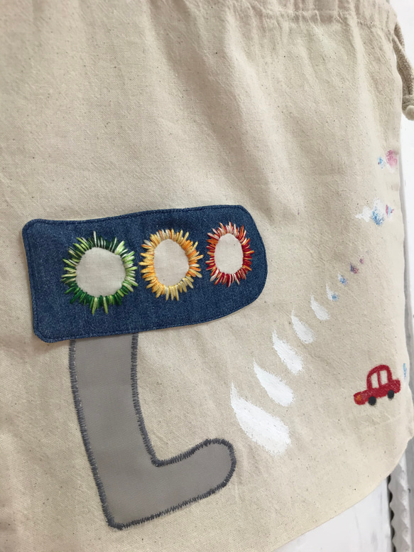 信号のエコ巾着袋 Mサイズ《刺繍＆手描き》★入園入学 7枚目の画像