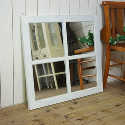 アンティーク調 木製窓枠 鏡 壁掛けミラー 4枠 シャビーホワイト