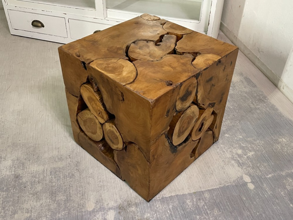 銘木 チーク ブロック スツール 椅子 天然木 無垢 キューブ 40cm #222
