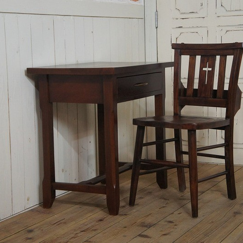 アンティーク調 マホガニー無垢材 机 椅子セット チャーチチェア