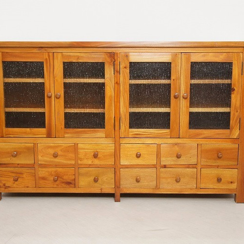 アンティーク調 マホガニー無垢 すりガラス扉 引出し12杯 食器棚