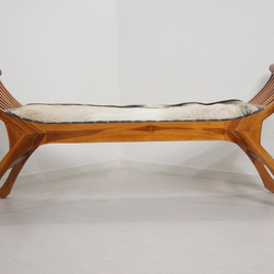 アンティーク調 チークスツール 毛皮 革張 無垢 ベンチ 椅子 茶 2枚目の画像