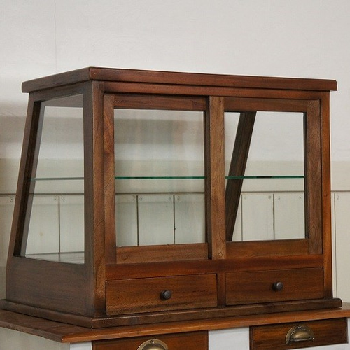 卓上 ガラスケース ショーケース 古木 2段 5面 収納棚 斜め