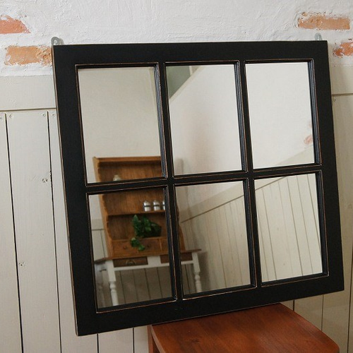 アンティーク調 木製窓枠 鏡 壁掛けミラー シャビー ブラック 6枠 黒艶