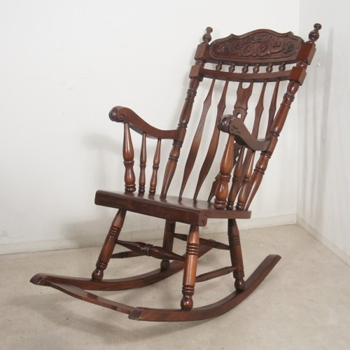 アンティーク調 マホガニー無垢材 ロッキングチェア 装飾彫刻 椅子