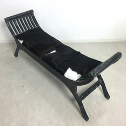 アンティーク調 チークスツール 毛皮 革張 無垢 ベンチ 椅子 黒 1枚目の画像